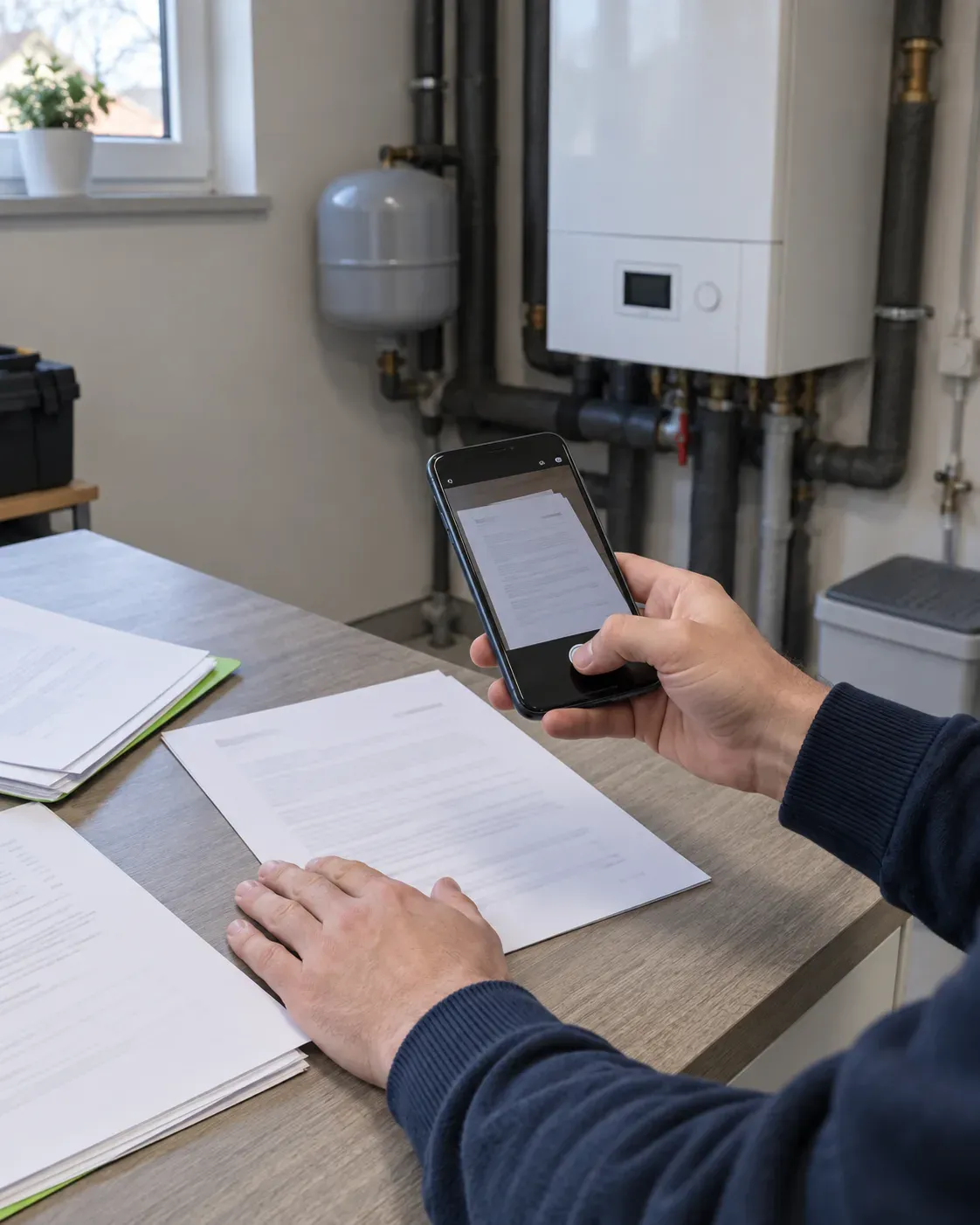 Zdjęcie dokumentu robione telefonem przy instalacji grzewczej