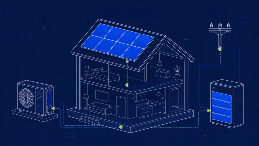 Rysunek techniczny domu z trzema instalacjami: panele fotowoltaiczne na dachu, pompa ciepła przy ścianie, magazyn energii w pomieszczeniu gospodarczym i przyłącze do sieci