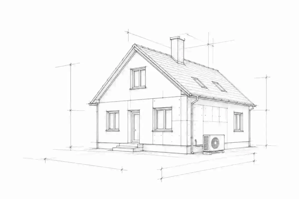 Szkic architektoniczny domu jednorodzinnego z zaznaczonymi trzema obszarami: jednostką pompy ciepła przy ścianie, połacią dachu i oknem na elewacji